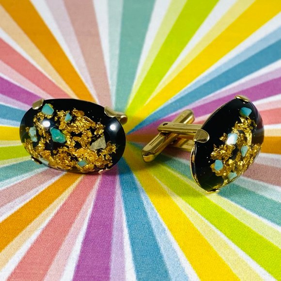 Vintage Hickok TURQUOISE CHIP GOLD FLAKE Confetti mens Cufflinks Rare 50's 60's - Picture 2 of 4